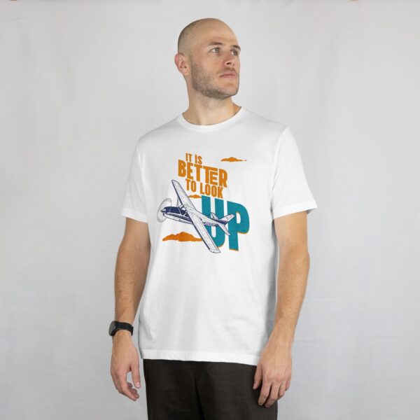 White shirt featuring a Cessna airplane and a motivational quote that says "It is better to look up"